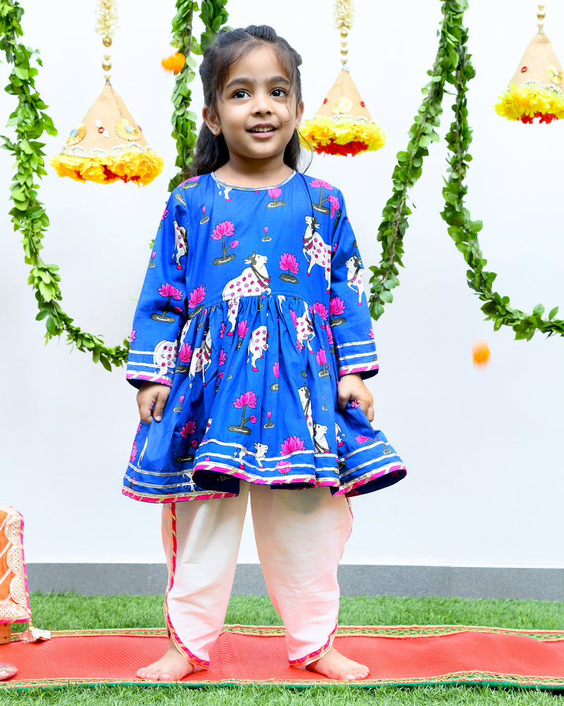Blue Pichwai girls kurta with dhoti pants