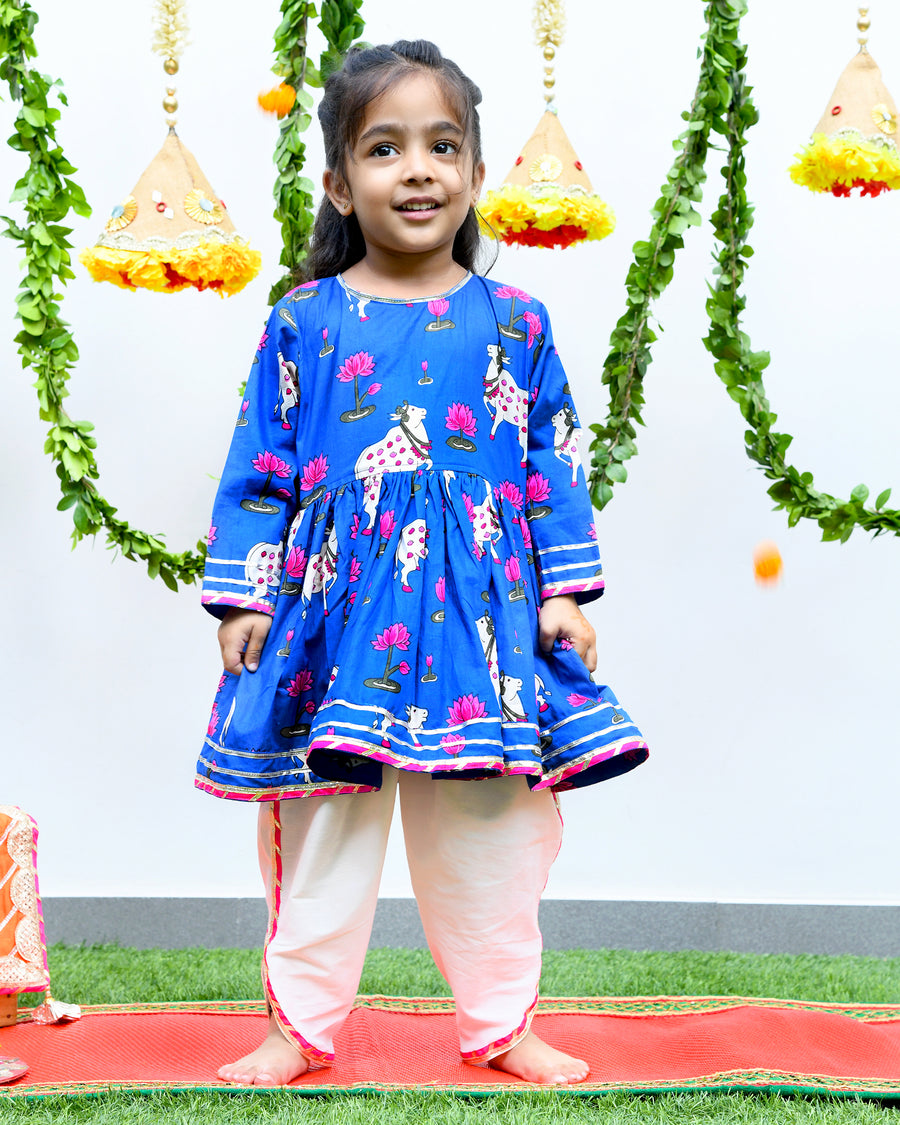Blue Pichwai girls kurta with dhoti pants
