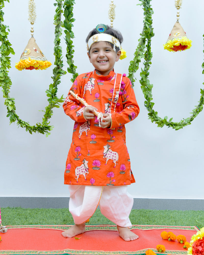 Orange Pichwai Kurta with Dhoti