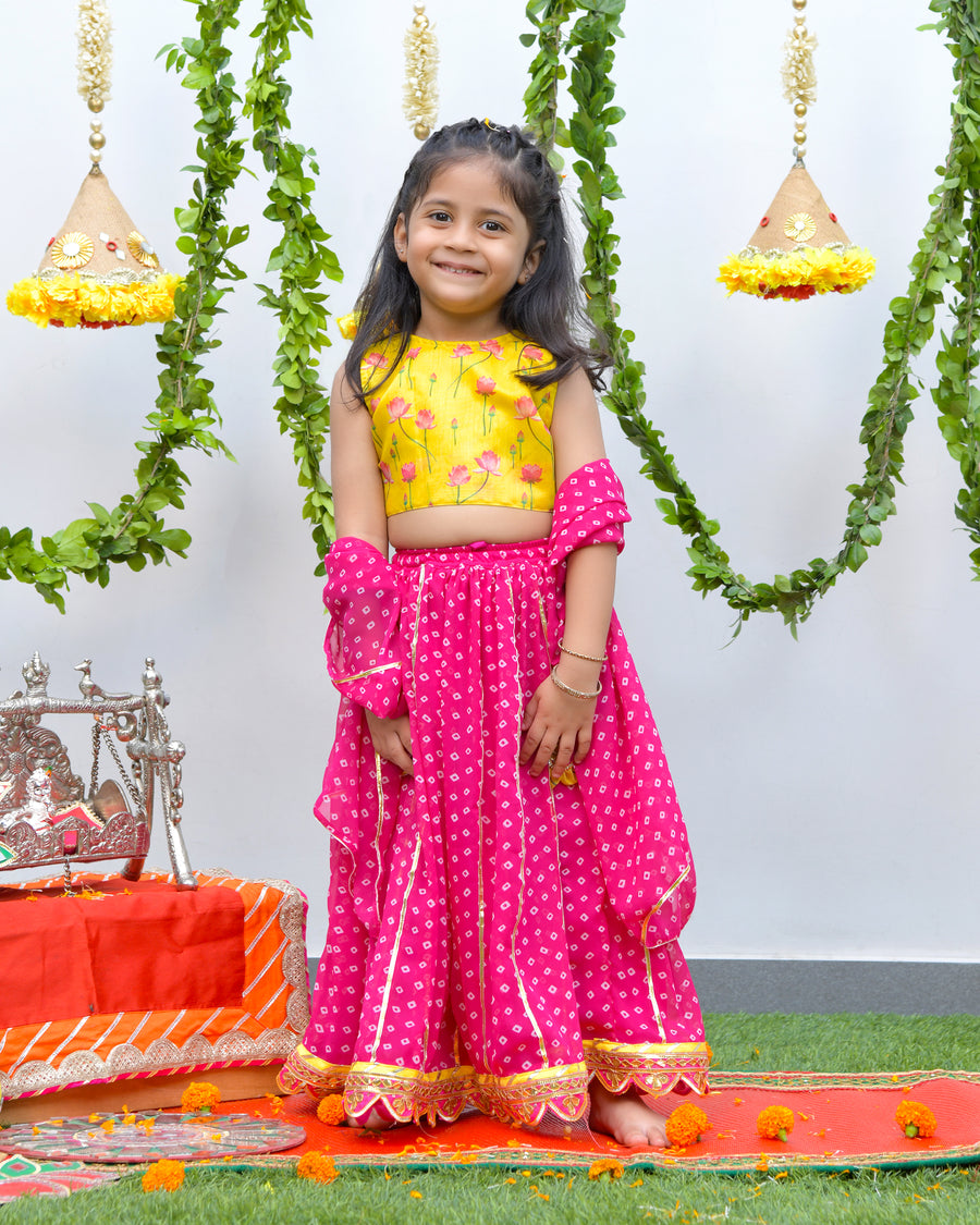 Pink Bandani Lengha with Lotus Printed Blouse