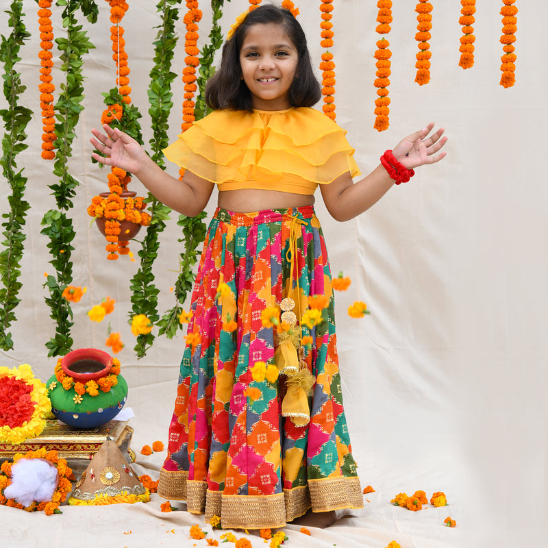 Multicolor Lehenga With Organza Ruffle Blouse For Girls