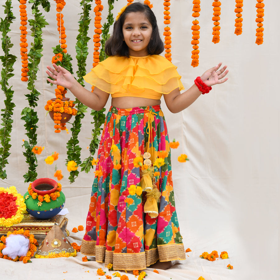 Multicolor Lehenga With Organza Ruffle Blouse For Girls
