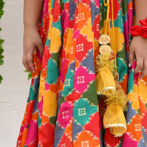 Multicolor Lehenga With Organza Ruffle Blouse For Girls