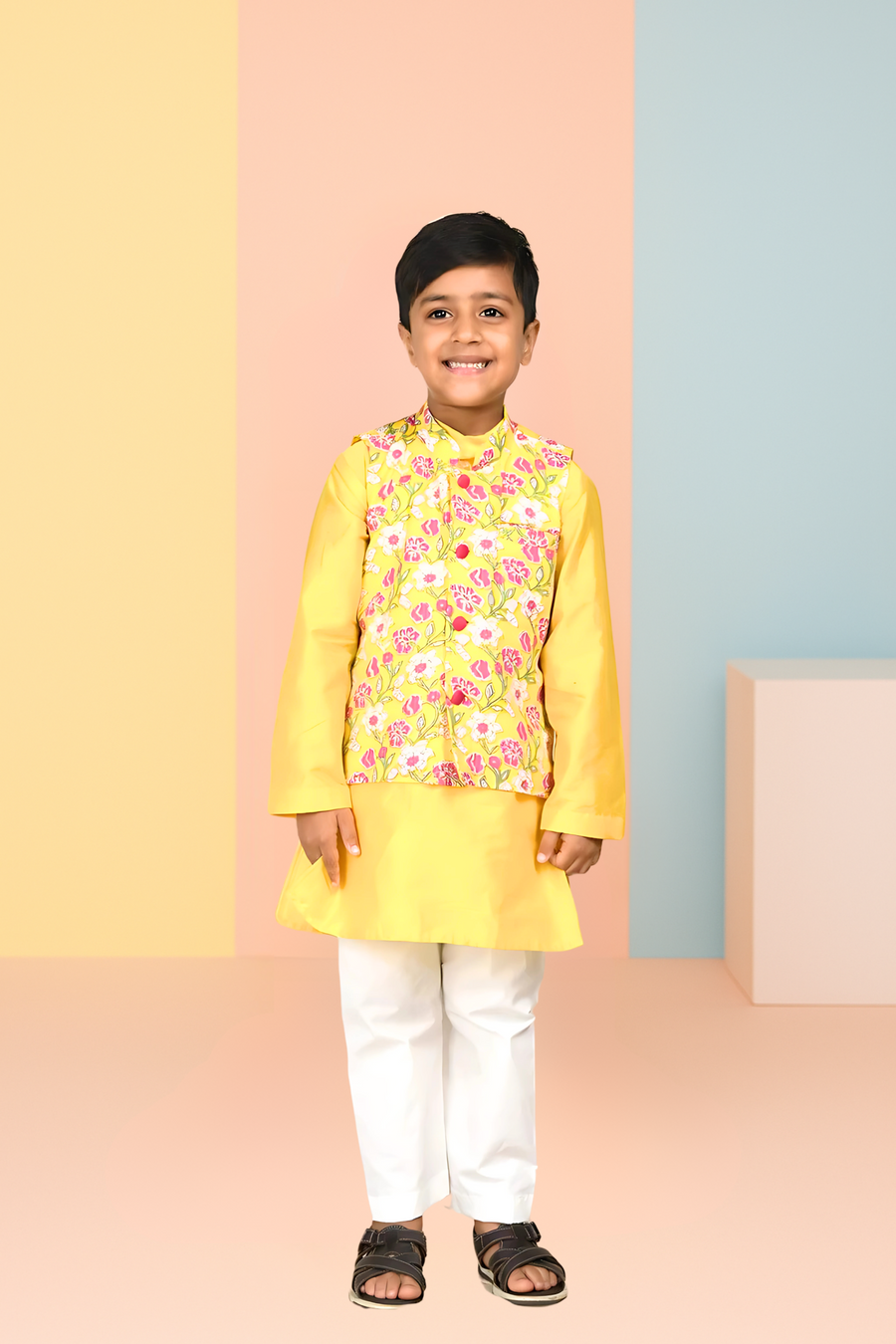 Yellow Kurta With Katha Jacket