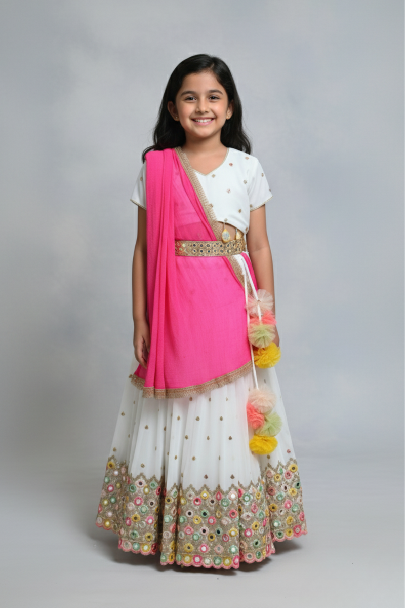 White mirrorwork lengha set