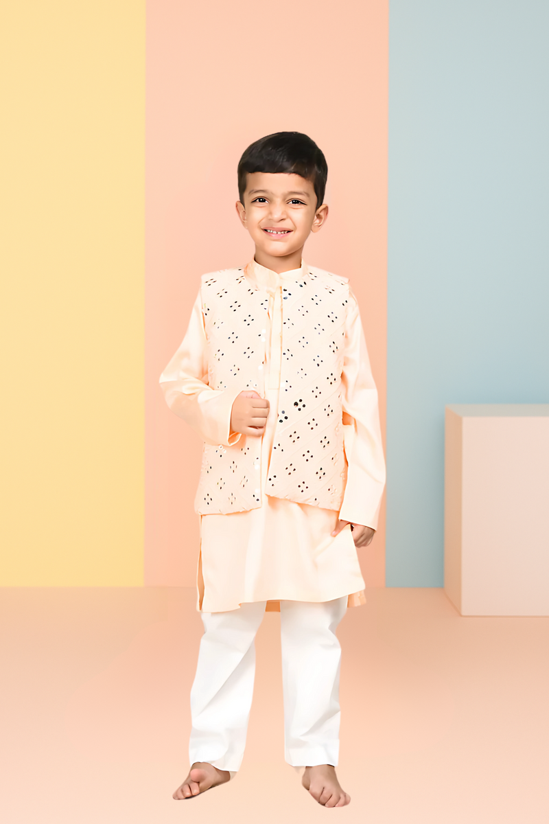 Peach Kurta With Mirrorwork Open Jacket