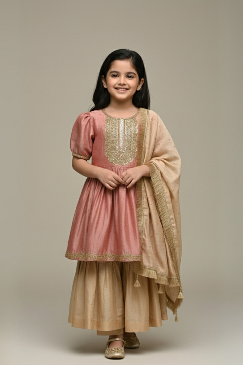 Pink and beige sharara set