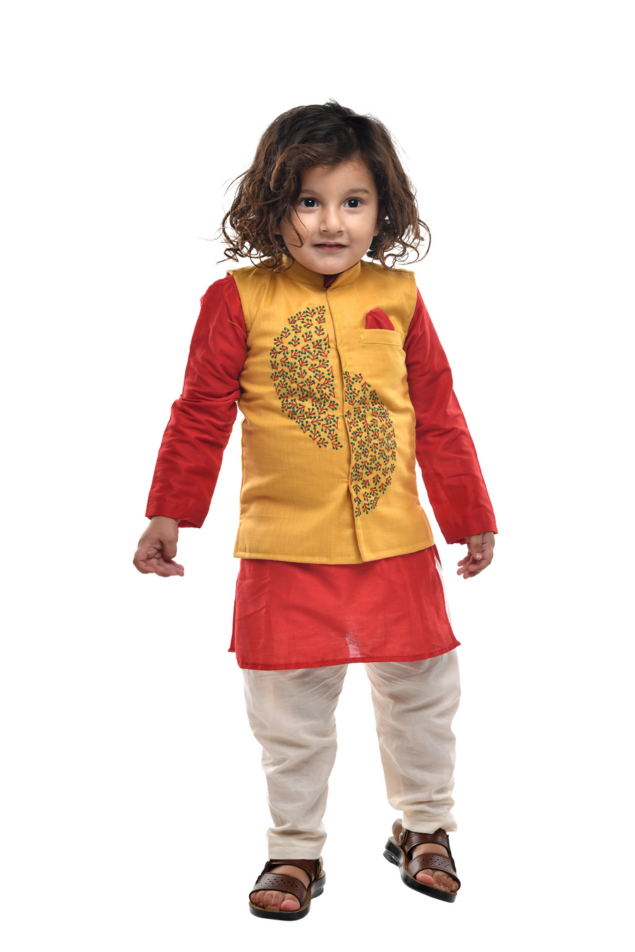 Red Kurta With Yellow Embroidered Jacket