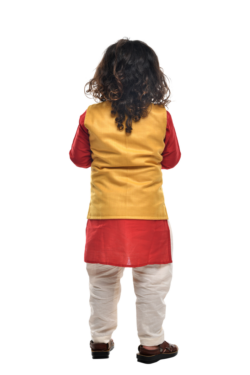 Red Kurta With Yellow Embroidered Jacket