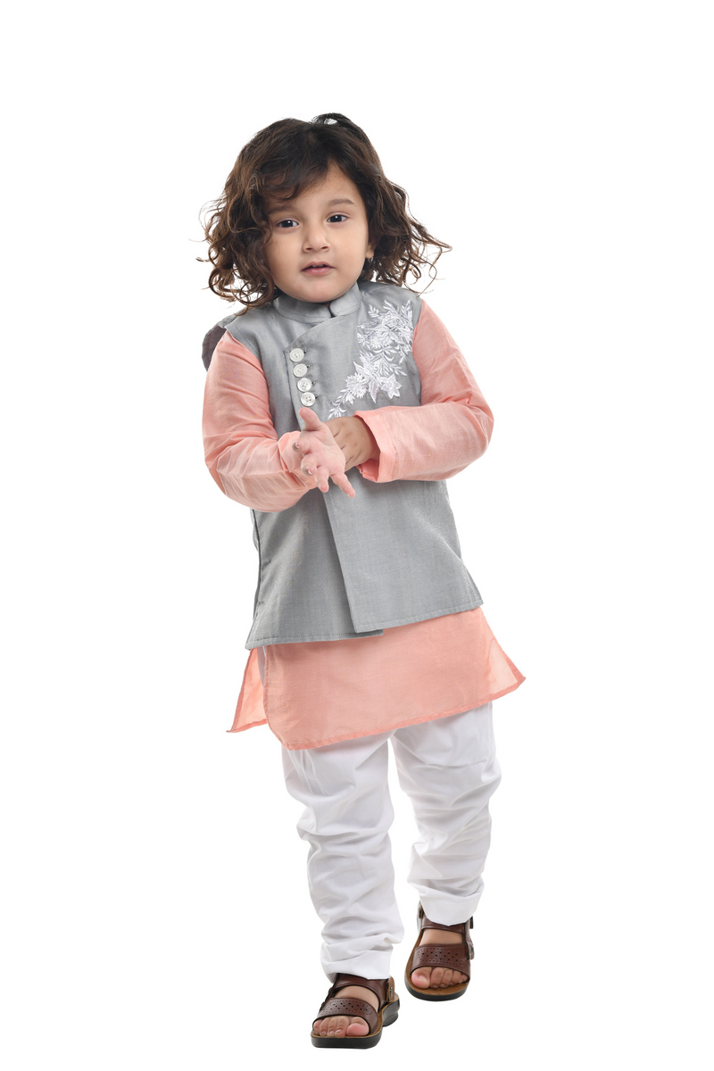 Peach Kurta With Grey Embroidered Jacket