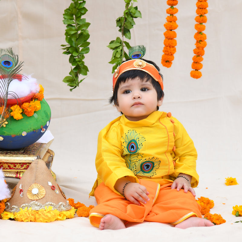 Yellow Embroidered Kurta And Dhoti With Mukut