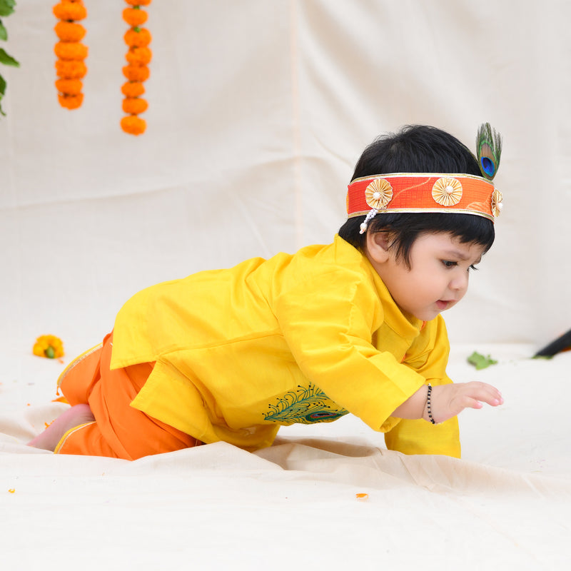 Yellow Embroidered Kurta And Dhoti With Mukut