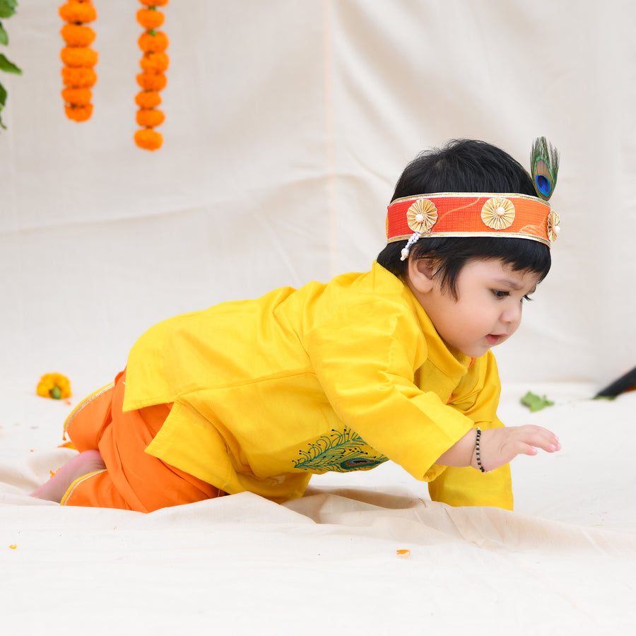 Yellow Embroidered Kurta And Dhoti With Mukut
