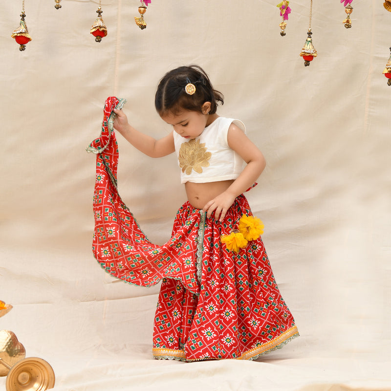 Red Chinon Patola Pattern Lehenga Set For Girls