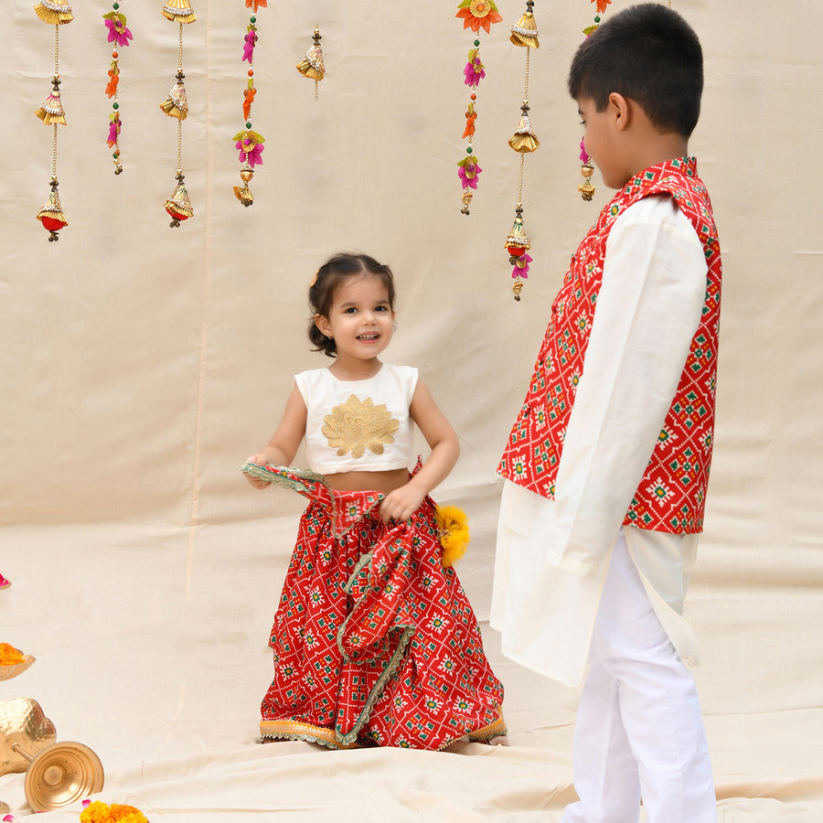 Red Chinon Patola Pattern Lehenga Set For Girls
