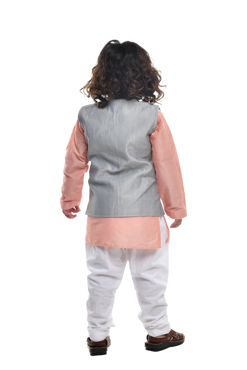 Peach Kurta With Grey Embroidered Jacket