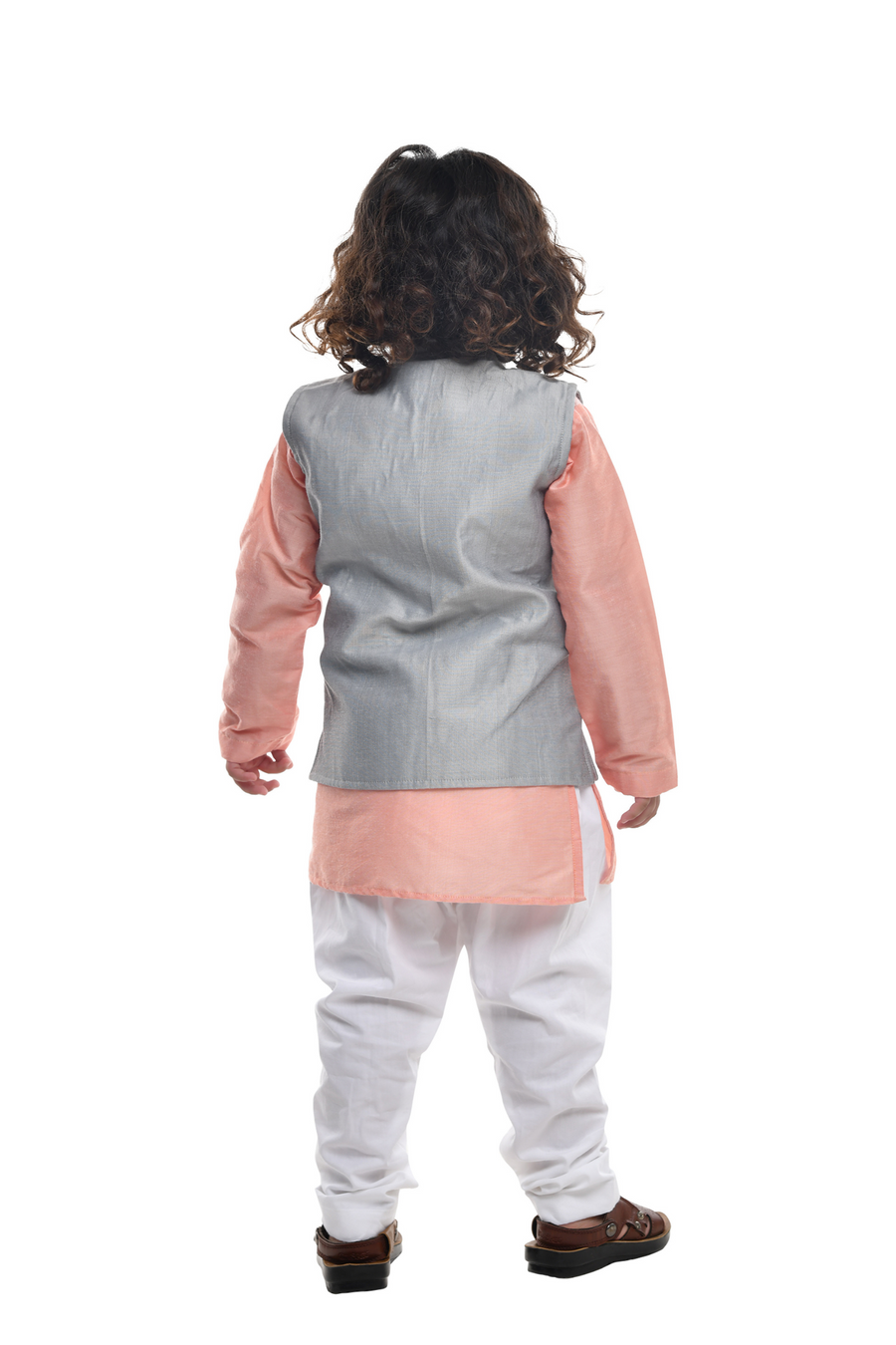 Peach Kurta With Grey Embroidered Jacket