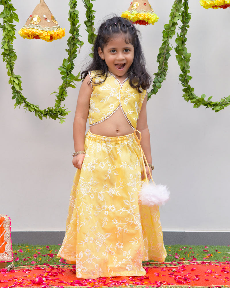 Yellow Embroidered Tissue Lengha set
