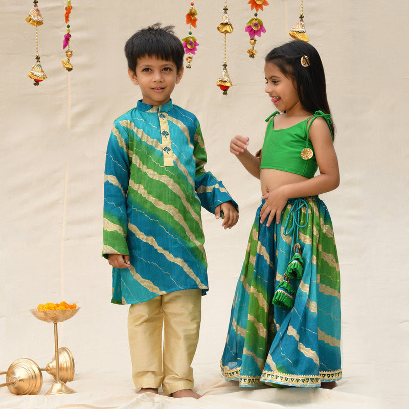 Green Kota Cotton Leheriya Ombre Pattern Kurta With Pant For Boys