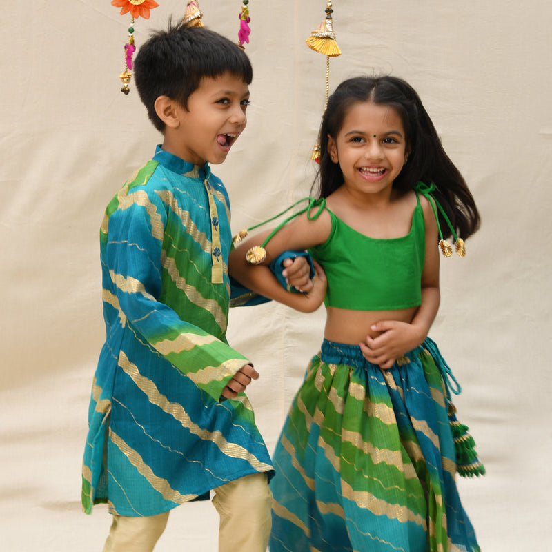 Green Kota Cotton Leheriya Ombre Pattern Kurta With Pant For Boys