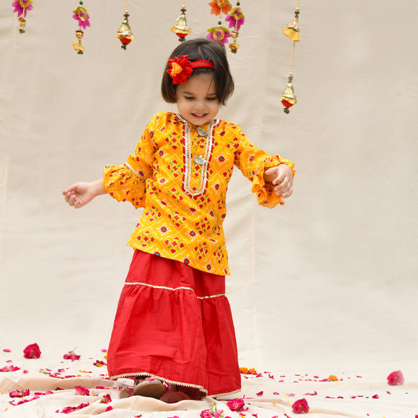 Yellow Chinon Patola Pattern Kurta Lehenga Set For Girls