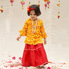 Yellow Chinon Patola Pattern Kurta Lehenga Set For Girls