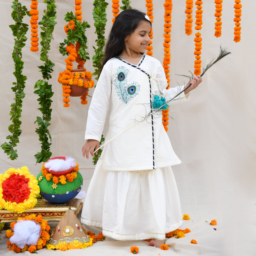 White Feather Embroidered Kurta with lengha