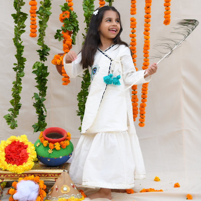 White Feather Embroidered Kurta with lengha