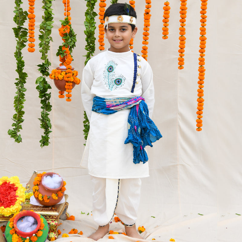 White Feather Embroidered Kurta with Dhoti and Mukut