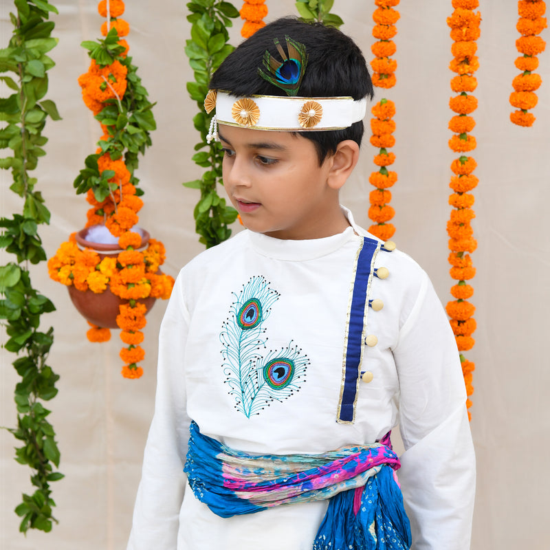 White Feather Embroidered Kurta with Dhoti and Mukut