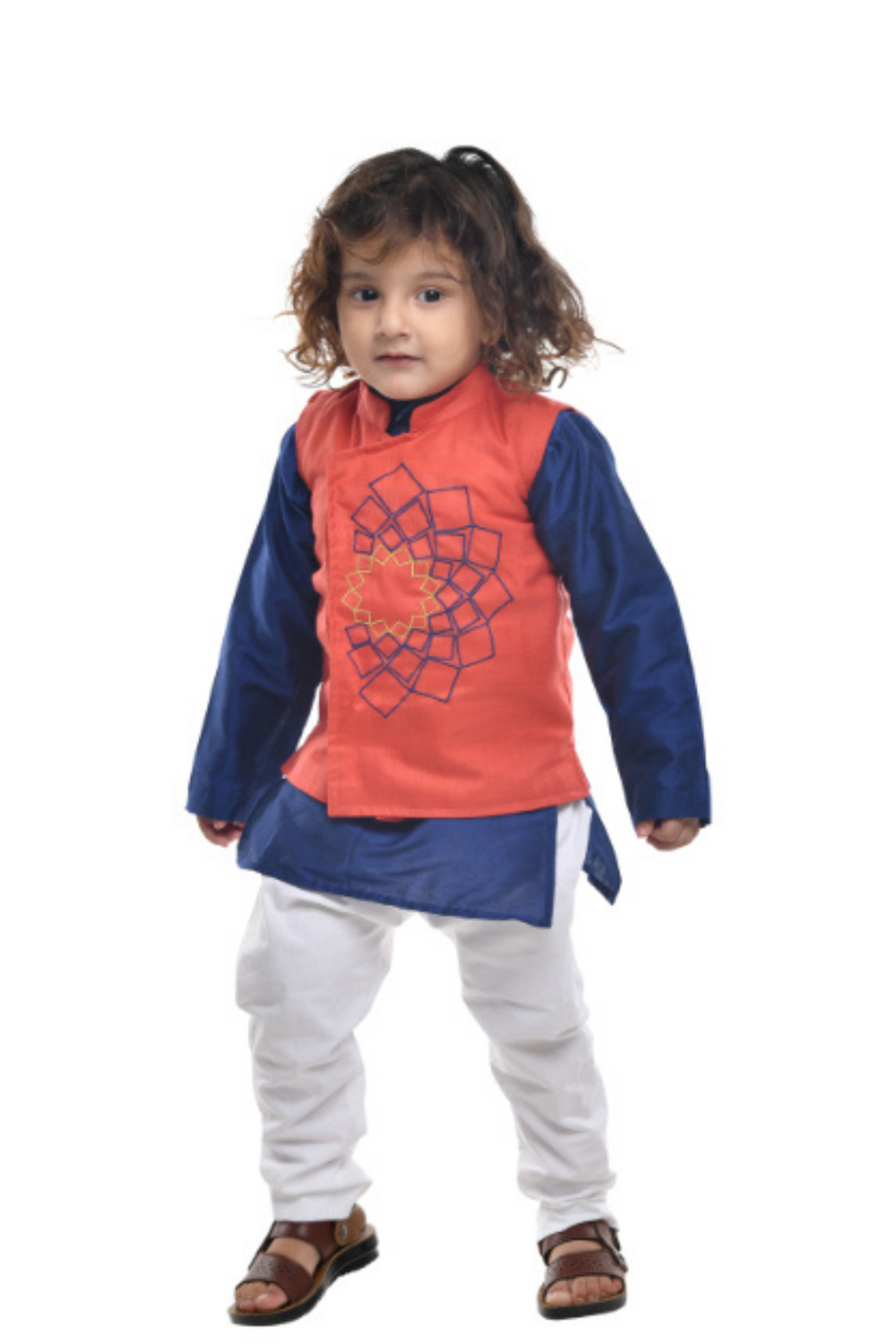 Blue Kurta With Red Embroidered Jacket