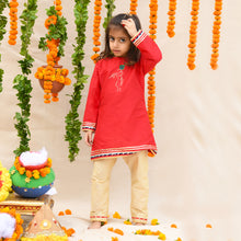  Krishna Embroidered Red Round Neck Kurti And Beige Pant