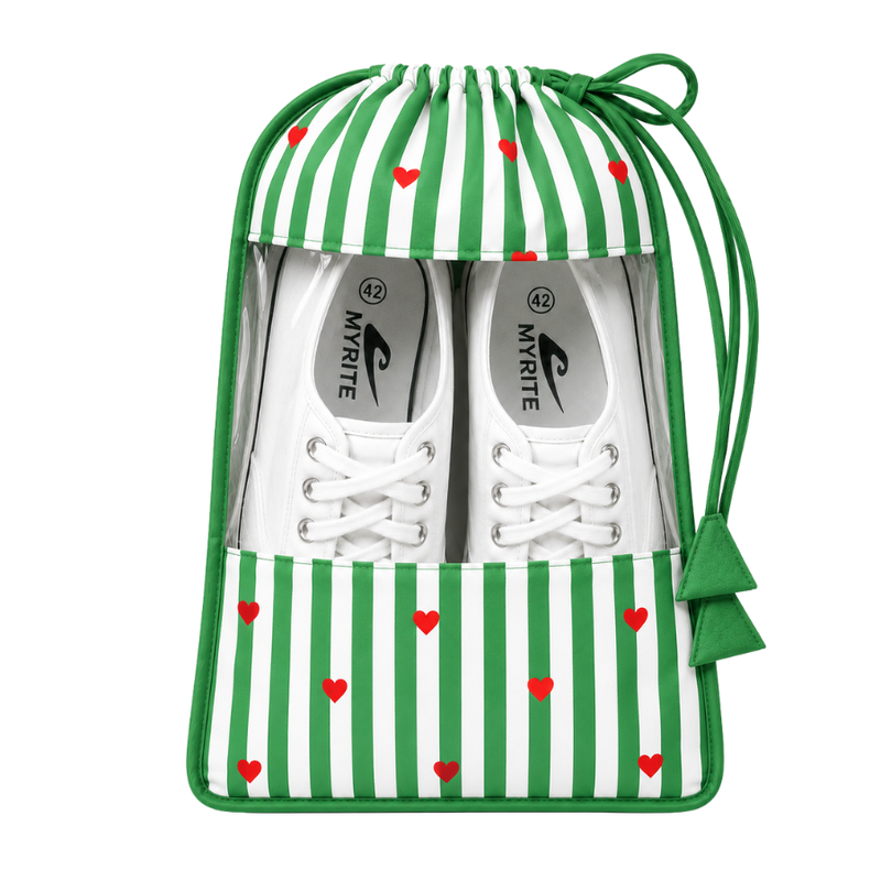 Shoe Bag – Green Stripe & Red Heart Print