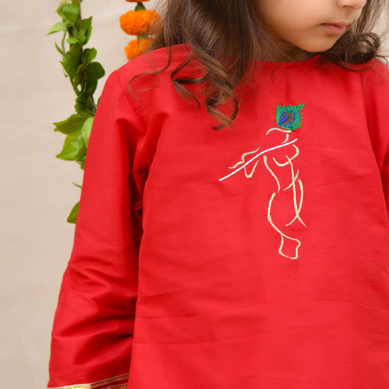Krishna Embroidered Red Round Neck Kurti And Beige Pant