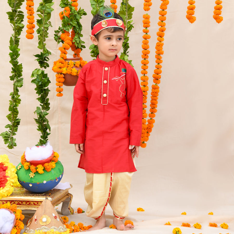 Krishna Embroidered Red Kurta And Dhoti