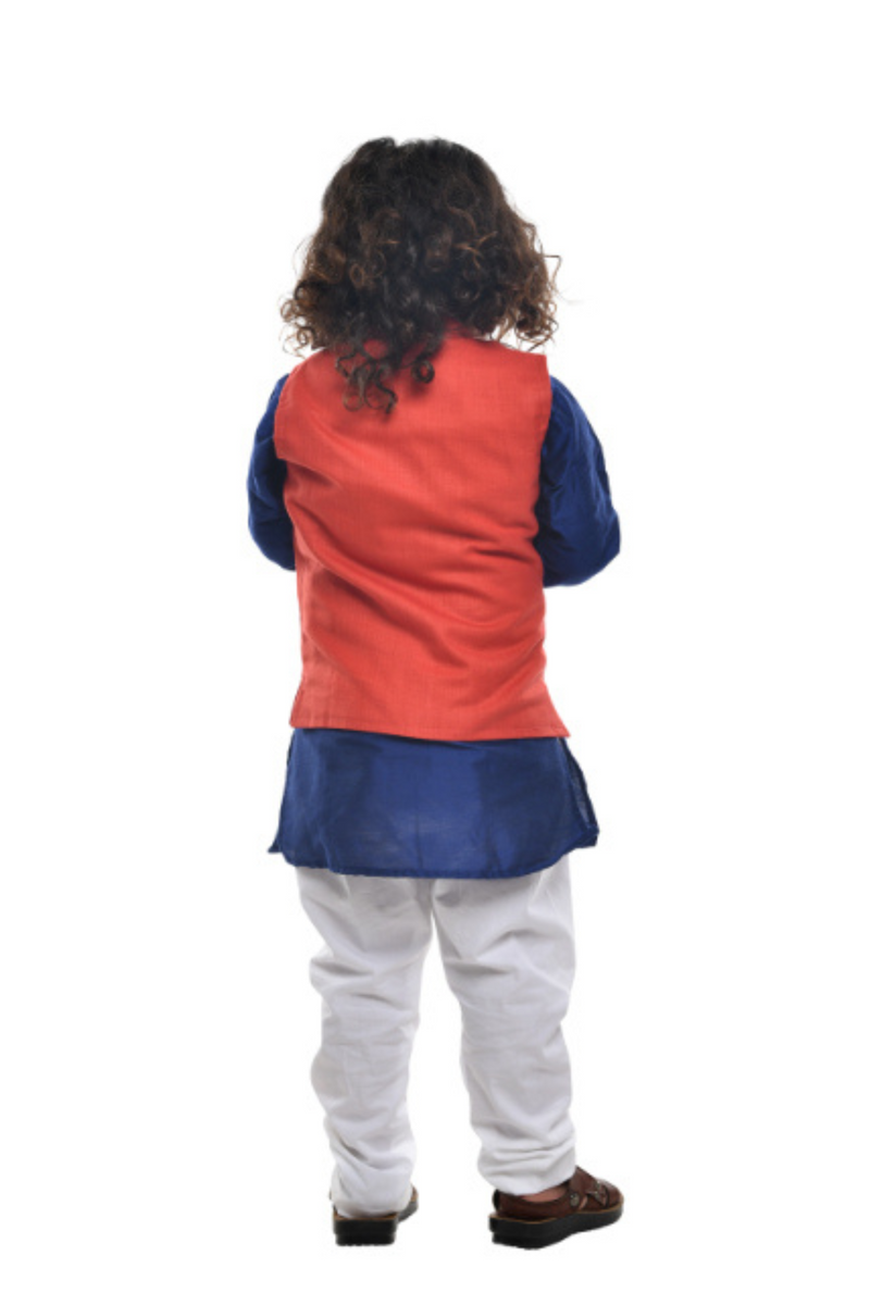 Blue Kurta With Red Embroidered Jacket