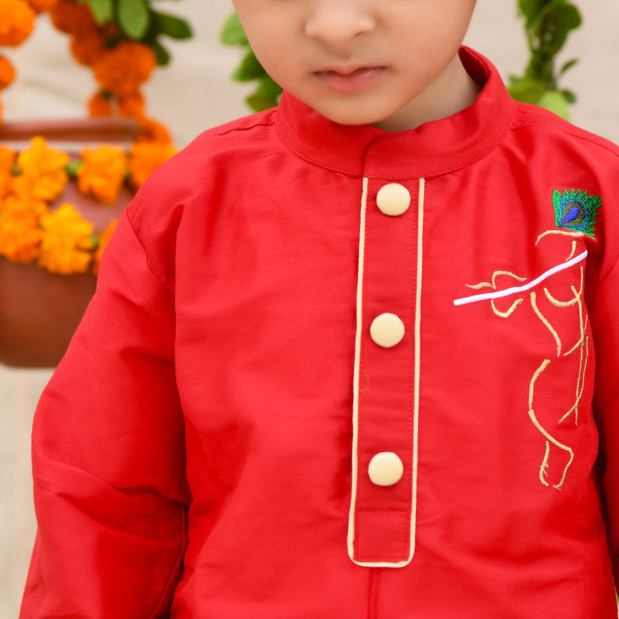 Krishna Embroidered Red Kurta And Dhoti