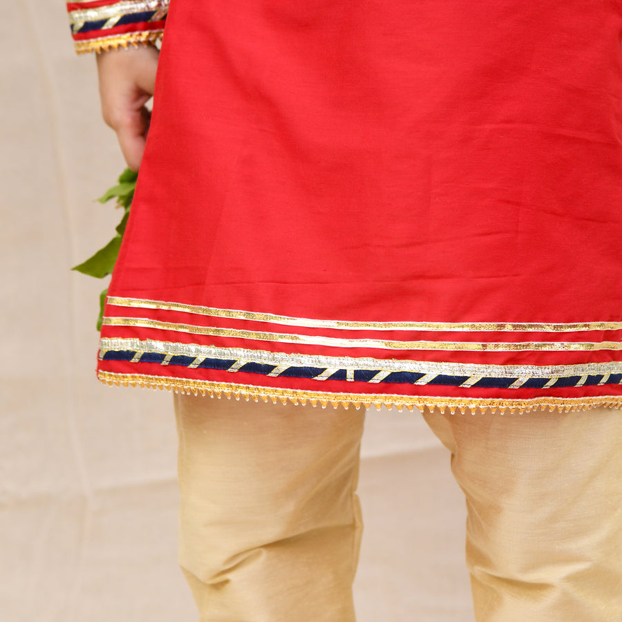 Krishna Embroidered Red Round Neck Kurti And Beige Pant
