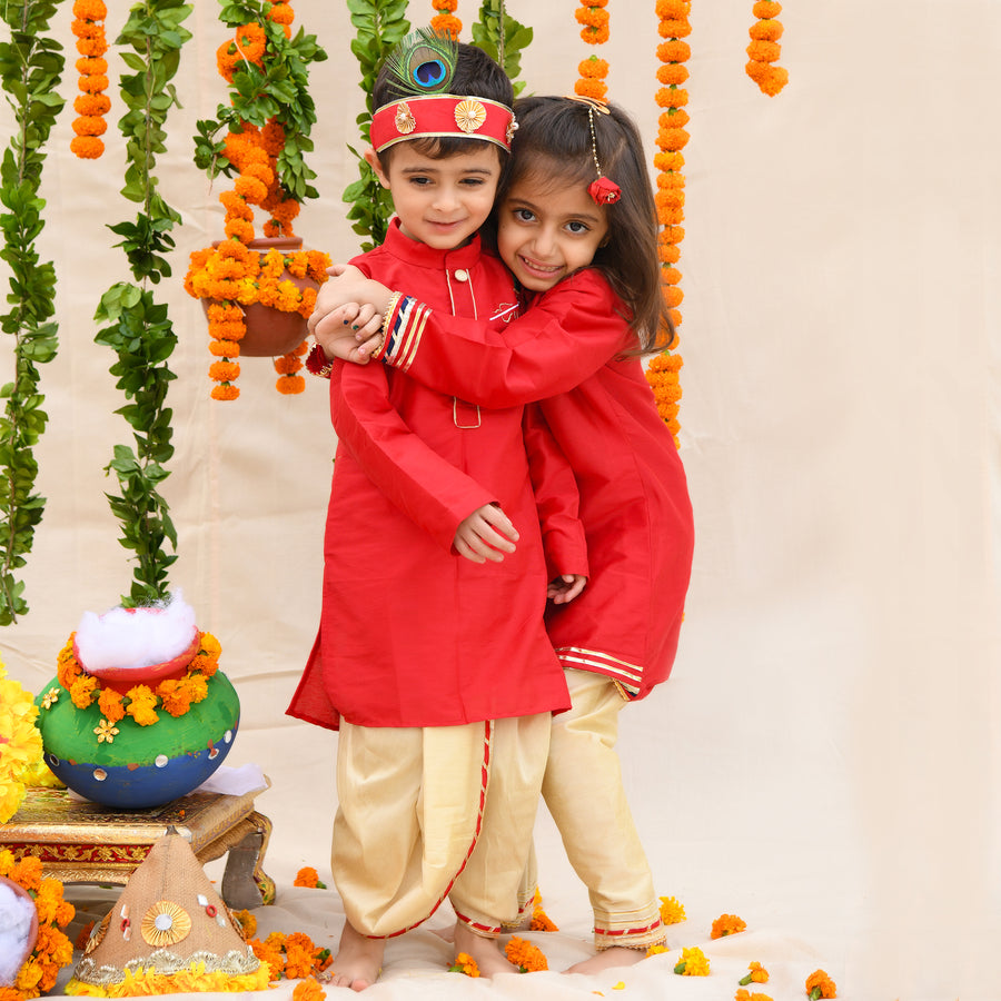 Krishna Embroidered Red Round Neck Kurti And Beige Pant