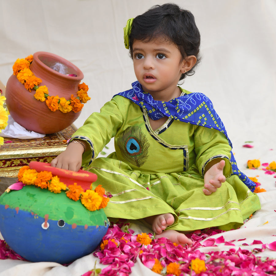 Parrot Green Gota Lace Girls Kurta With Dhoti