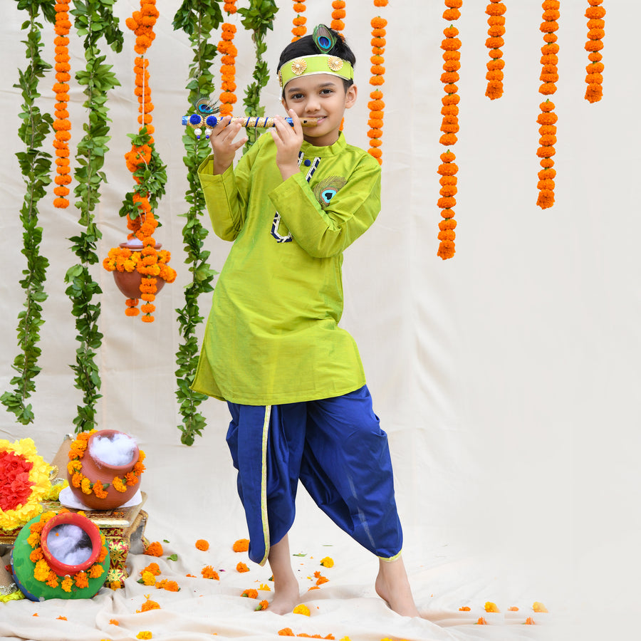 Parrot Green Gota Lace Detailed Kurta With Dhoti