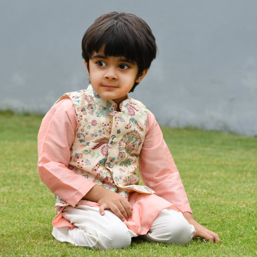 Cream Cotton Silk Embroidered Floral Bundi Kurta Set For Boys