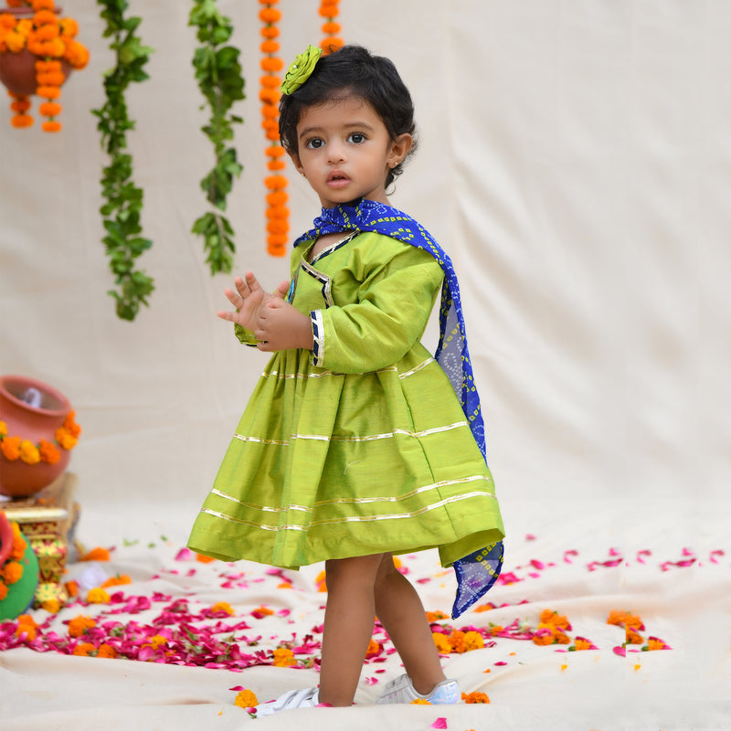 Parrot Green Gota Lace Girls Kurta With Dhoti