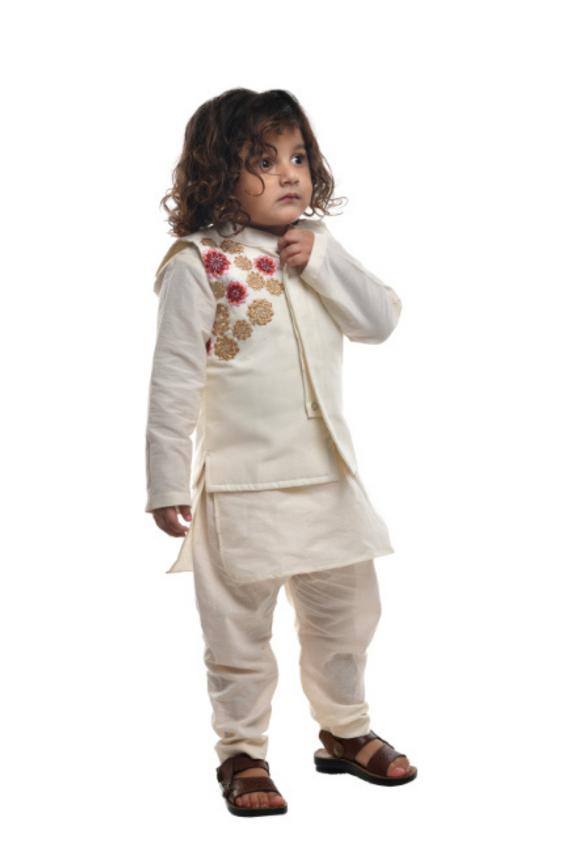 Off White Kurta With Off White Embroidered Jacket