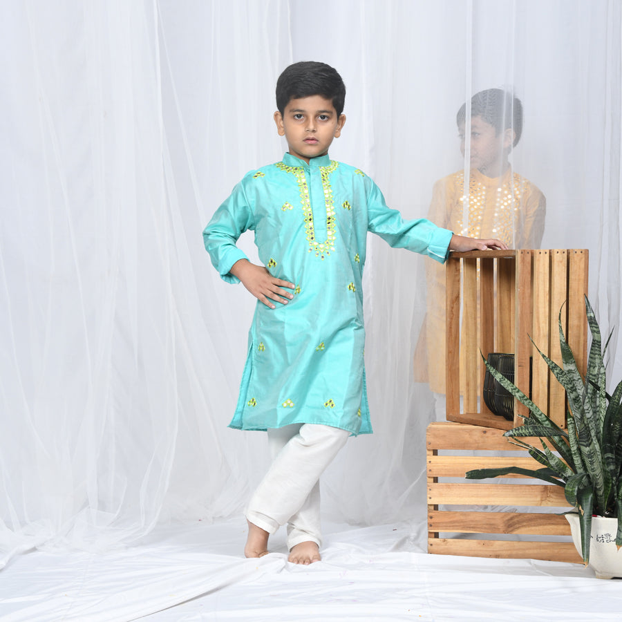 Mirror Work Turquoise Kurta Set