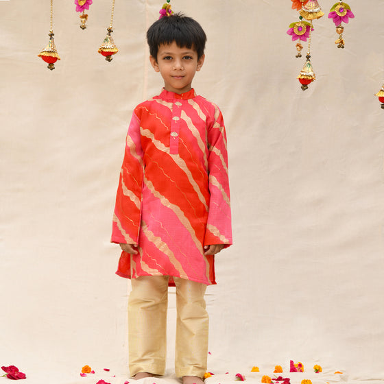 pink kota Cotton Leheriya Ombre Pattern Kurta With Pant For Boys