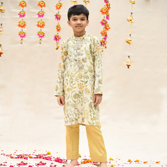 Cream Cotton Mul Garden Ombre Pattern Kurta With Pant For Boys