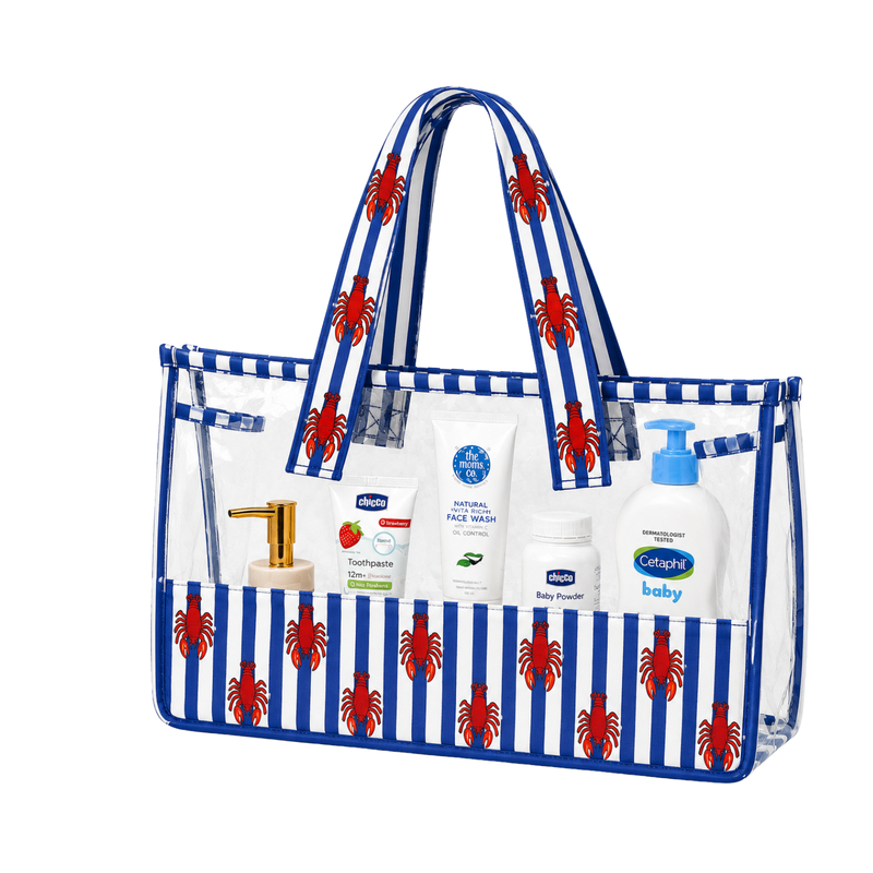 Tote bag-  Navy Blue Stripe & Red Lobster Print