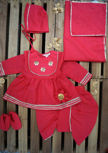  Gota Lace Work Red Infant Baby Set With Swaddle