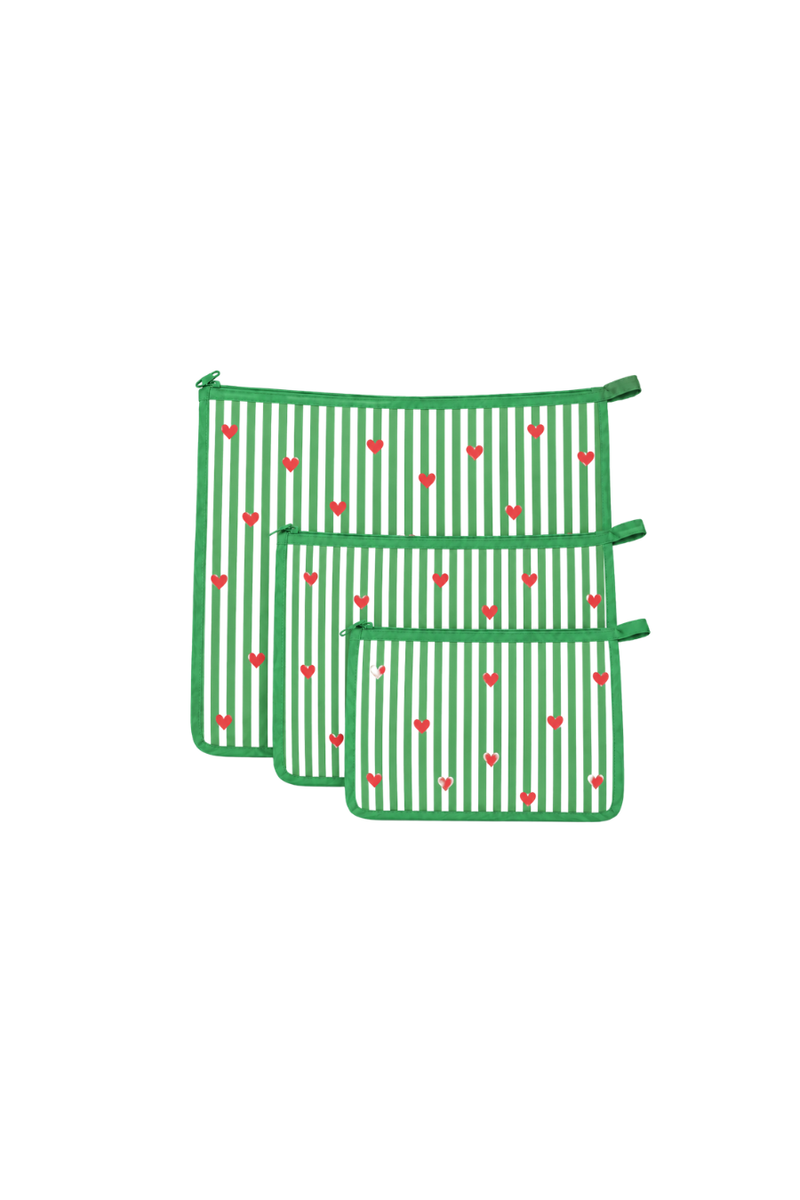 Pouch set- Green Stripe & Red Heart Print